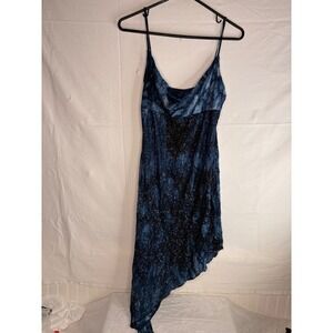 Blue Tie Dye Galaxy Glitter Asymmetrical Cowl Neck Slip Dress Y2K Handkerchief
